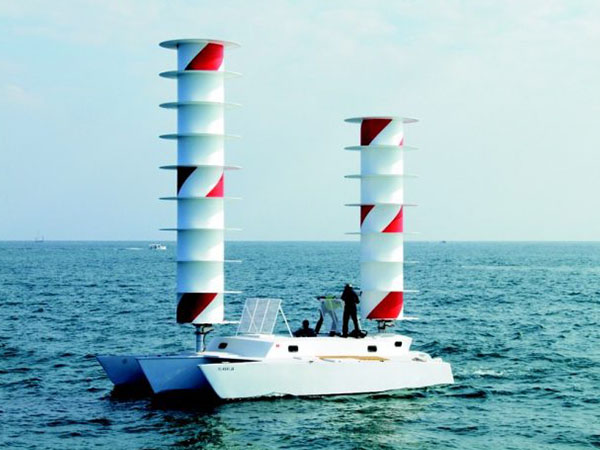 boat on a lake with large stacks