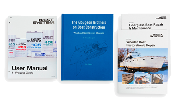 West System user manual, Gougeon boat construction book, and repair books